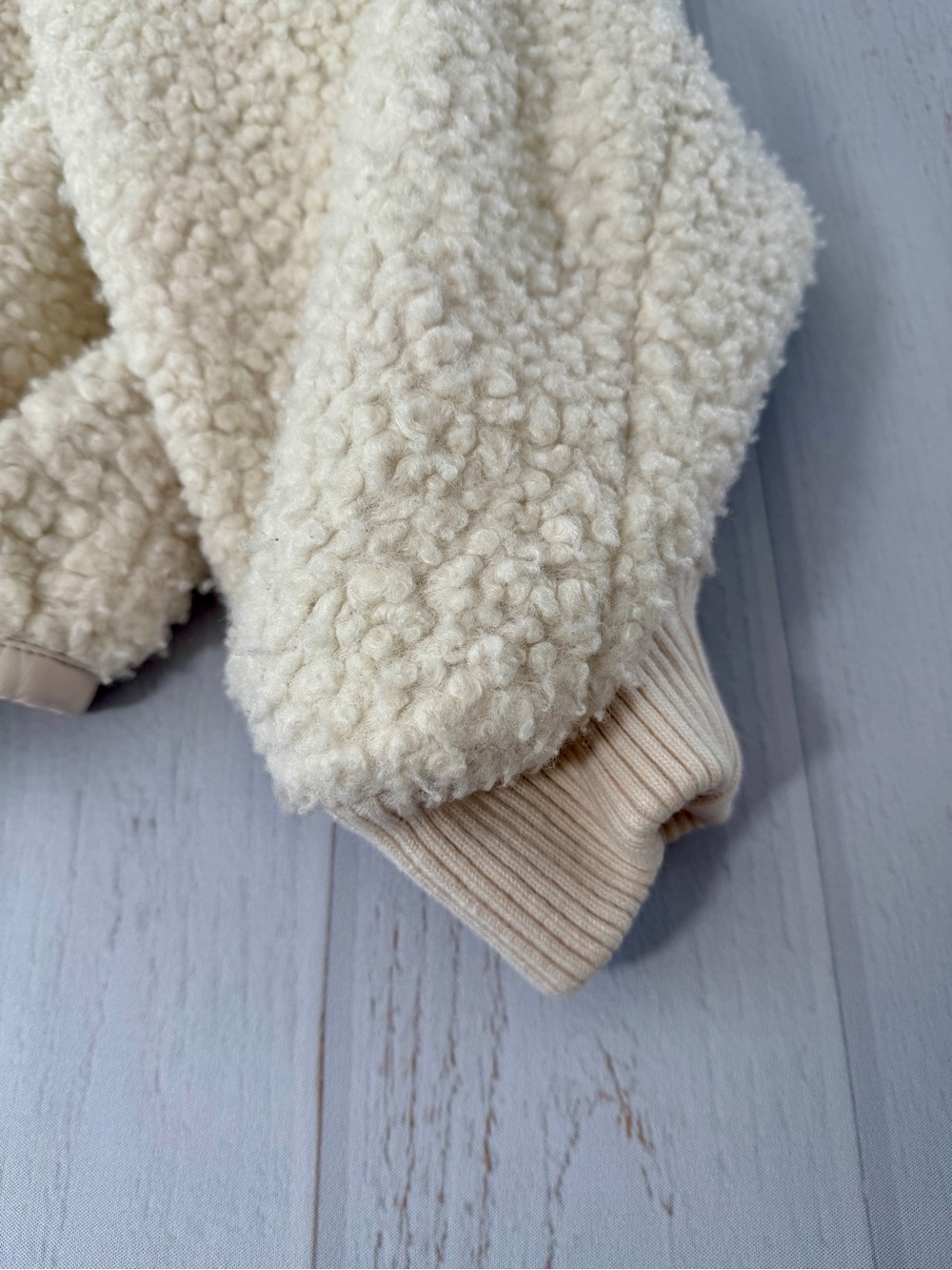 Anthropologie Womens Large Sherpa Jacket Cream Teddy Fleece Cropped Zip Coat - Picture 7 of 14